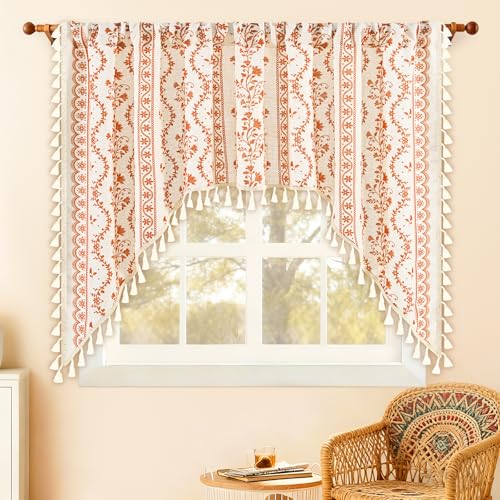 Image of Yinhua Boho Swag Valance Curtains Vintage Linen Valances for Windows Light Filtering Floral Kitchen Valance Rod Pocket Rustic Tassel Window Valances for Bathroom Cafe, 60 inch W x 36 inch L, White Orange