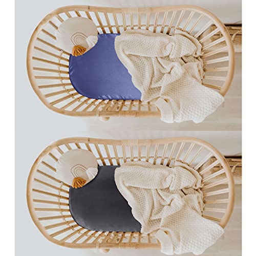 Image of SiinvdaBZX 2 Pcs Satin Bassinet Sheets for Baby Boy, Grey & Navy | Silk-Like Soft Bassinet Fitted Sheets for Hourglass, Oval & Rectangular Bassinet Mattress