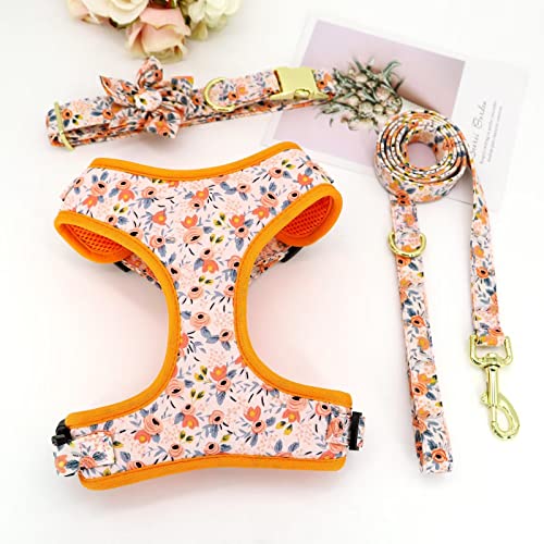 Beirui Cute Girl Dog Collars, Harnesses & Leashes Set - Adjustable Dog Collar And Leash Set With Flower - Soft Mesh Dog Vest Harness For Puppies Small Medium Dogs (Orange,Xs) #TOP5