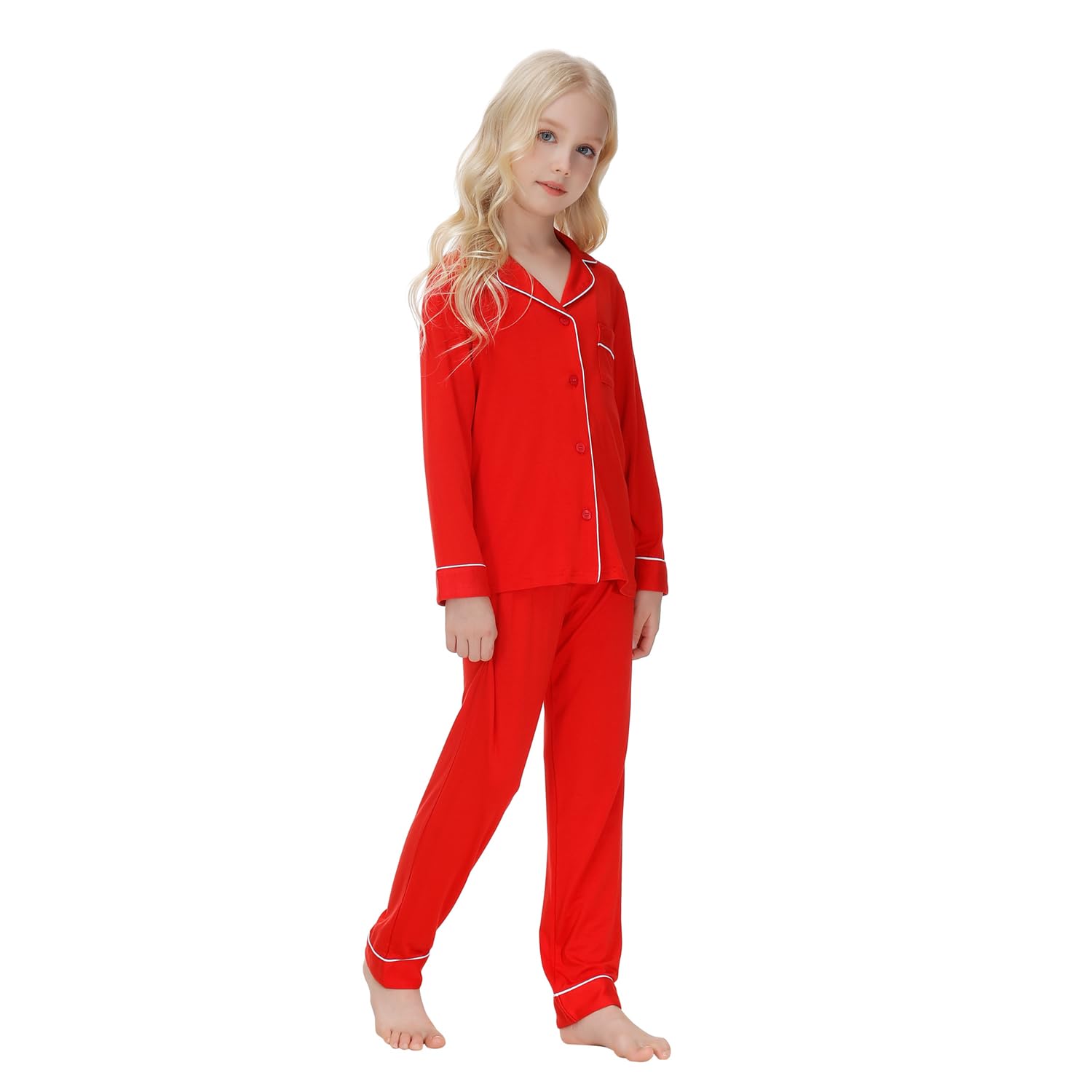 Verve Jelly Unisex Mädchen Jungen Pyjama-Set Button-Down-PJs Langarm-Button-Down-Hemd mit Taschen Lange Hosen Nachtwäsche Zweiteilige Lounge-Sets