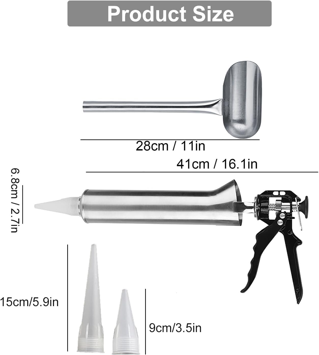 41cm / 16.1in Stainless Steel Hand Caulking Gun - Thicken Ceramic Tile Mortar Grouting Gun Cement Grout Mortar Caulk Pointing Grouting Gun with 2 Nozzle,Spoon,Stopper