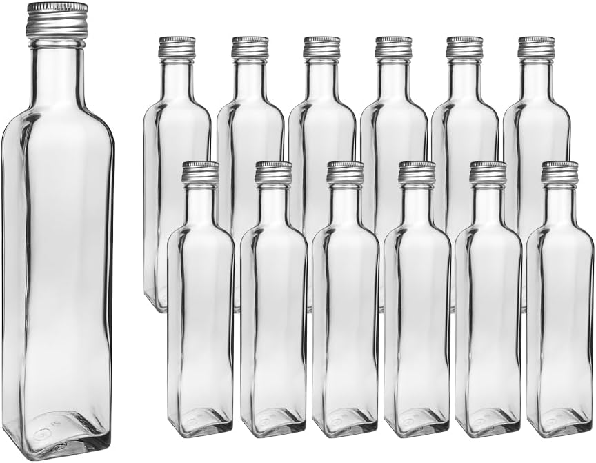 12 Empty Glass Bottles Maraska 250 ml & Labels for Writing, includes silver screw cap, square, for filling yourself, liqueur bottle, schnapps bottle