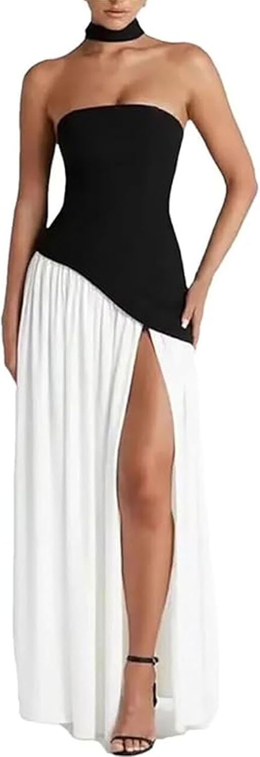 Women Strapless Corset Asymmetrical High Split Flowy Maxi Dresses Evening Gown Wedding Guest Dress with Scarf - Image 3