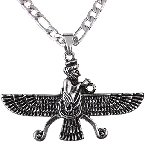 Asoodehdelan Large Double Sided Antique Silver Pt Farvahar Necklace Iranian Gift Persian Iran Faravahar Chain (18" Chain)