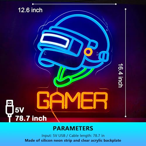 Image of Gamer Neon Sign Chicken Dinner Neon Sign for Wall Decor Level-3 Helmet USB Dimmable LED Neon Lights for Boys Girls Room Gameroom Holiday Birthday Christmas Gift