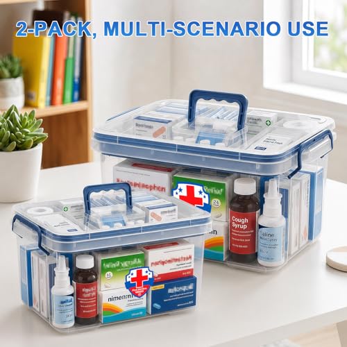Image of 2 Pack Clear Medicine Organizer Box with Handle, Plastic Medicine Container with Tray First Aid Box Empty, Thickened Medicine Storage Organizer Multipurpose Medication Organizer Storage, Blue
