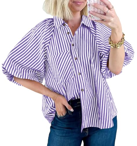 Image of Tankaneo Womens Short Puff Sleeve Button Down Shirts Striped Trendy Casual Loose Fit Blouse V Neck Collared Tops