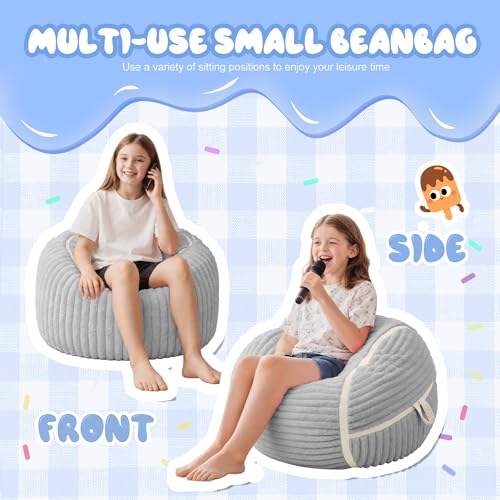Image of 2FT Bean Bag Chair 2'Bean Bag Chairs with Memory Foam Filled Small Bean Bag | Bean bags with Machine Washable Cover Corded Plush Fabric, Comfy Chairs for Living Room Bedroom Dorm, Lightgrey with Beige