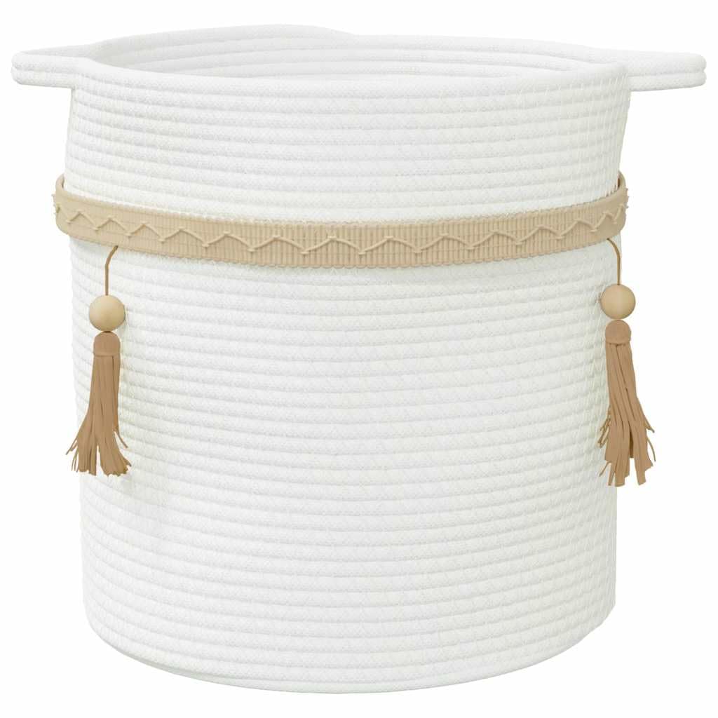 Weißer Aufbewahrungskorb Ø38x36 cm aus Baumwolle mit Griffen, dekorativer Flechtkorb für Ordnung, Wäsche, Spielzeug, Handtücher, Kleidung, geeignet für Wohnzimmer, Schlafzimmer, Bad, Küche