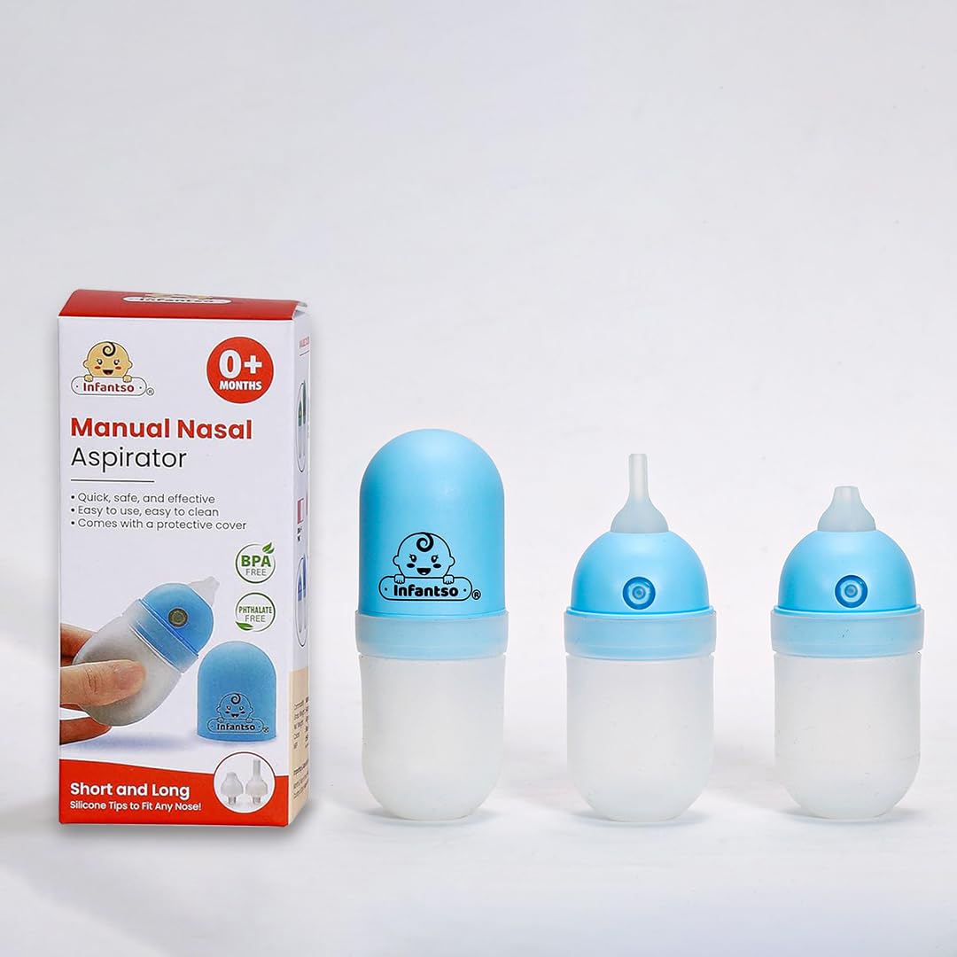 Infantso Nasal Aspirator for Newborn Babies and Kids (Blue) - Soft Silicone Nose Cleaner for Infants, Mucus Sucker for Congestion & Cold Relief (Made in Taiwan)