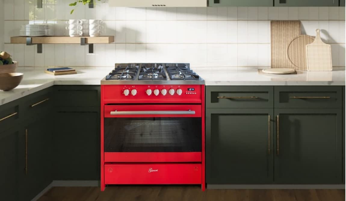 Gurari GCH E 911 R, fornello elettrico a gas, 90 cm, piano cottura, 121 l, piano cottura a gas, 3,8 kW WOK, multifunzione 8 funzioni, gas naturale, gas propano, rosso