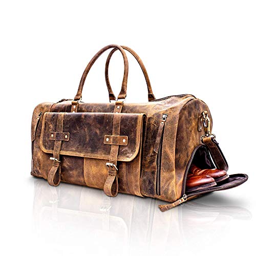 KomalC 24 Inch Leather Duffel Bags for Men and Women Full Grain Leather Travel Overnight Weekend Leather Bags Sports Gym Duffel for Men (Brown Tan with shoe pocket)