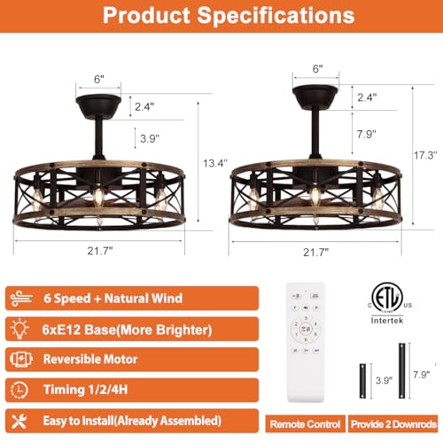 SHLUCE 22 Inch Farmhouse Fandelier Ceiling Fan with Light ETL Listed - image 2