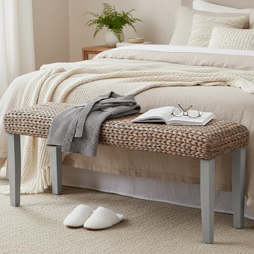 Image of Solid Wood Acacia Indoor Bench with Natural Woven Water Hyacinth Seat, Wood Bench for Living Room or Entryway, Vintage Bench, Fishbone Style, Grey Leg