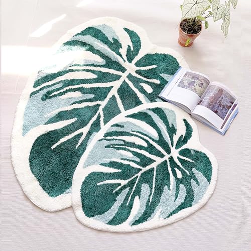 THRILRUG 70×92cm Badezimmerteppich Grün groß,badvorleger Monstera Blattfläche getuftete...