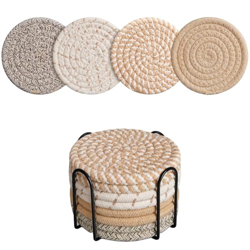 CHIYOSING Coasters Set of 8 for Drinks with Holder,4 Colors Absorbent Coasters,Boho Cotton Woven Coaster Set for Living Room Decor,Tabletop Protection Suitable for Drinks,Beer, Coffee