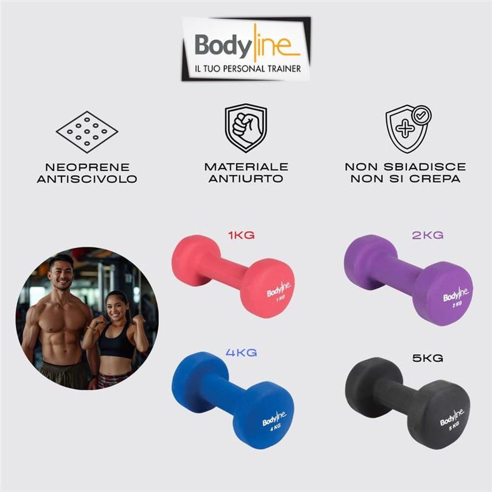 Bodyline Hantle z żeliwa i neoprenu, antypoślizgowe ciężarki fitness do treningu siłowego, ramion i siłowni domowej