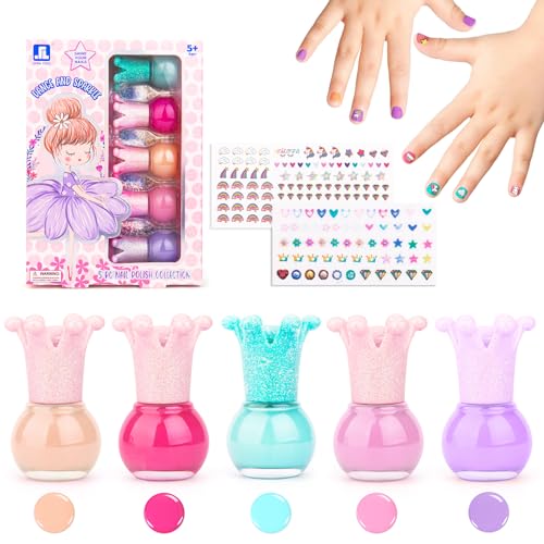 Juego Esmalte Uñas, Esmalte Uñas Pelable Especial para Niños, 2 Hojas Pegatinas Uñas para Niños 5*5ml Colores Pinta Uñas, Esmalte Uñas Secado Rápido a Base Agua para Niños Niñas Purpurina Kit Regalo