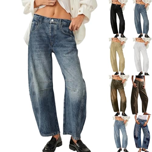 Barrel Jeans Women, Wide Leg Baggy Low Rise Ankle Jeans for Woman Cropped Loose Fit Stretchy Denim Sweatpants
