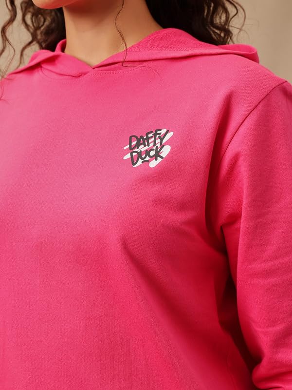 Image of Clovia Women's Terry Cotton Sweatshirt with Hoodie in Pink