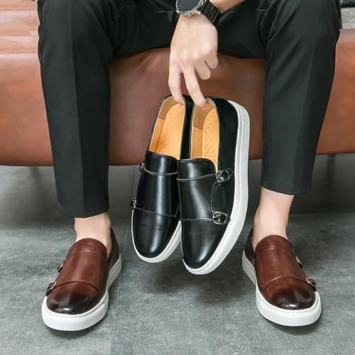 Men's Leather Double Buckle Platform Loafers Classic Round Toe Slip-On Non-Slip Business Dress Shoes for Formal Party Wedding Penny Loafers4