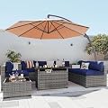 Aoxun Patio Furniture Sets, 9-Piece Outdoor Patio Furniture with 44'' Propane Gas Firepit Table and 11FT X 11FT Cantilever Umbrella, Wicker Outdoor Conversation Set for Backyard