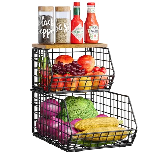Stackable Fruit Basket for Kitchen Counter, 2 Tier Wire Baskets with Wooden Lid Top, Vegetable Storage Organizer Bins, Wall Mountable Pantry Baskets for Produce, Onion, Potato, Black