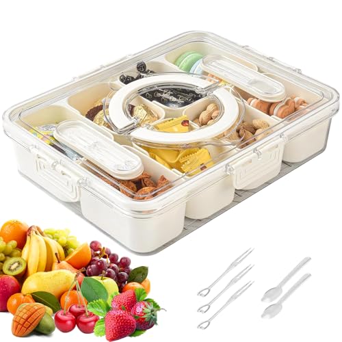 Portasnack Trasparente con 8 Scomparti, Scatola Ermetica per Alimenti con Coperchio, Include Forchetta e Cucchiaio, BPA Free, Ideale per Snack, Frutta, Verdura, Noci, Dolci, per Bambini, Feste