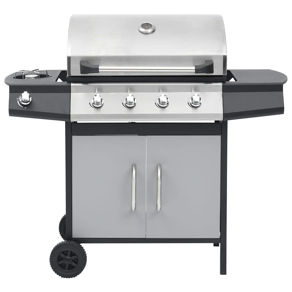 Barbecue a gas 4+1 con fornello laterale e cappa, in acciaio inox, per giardino e terrazza, 13,9 kW, con termometro, nero/argento