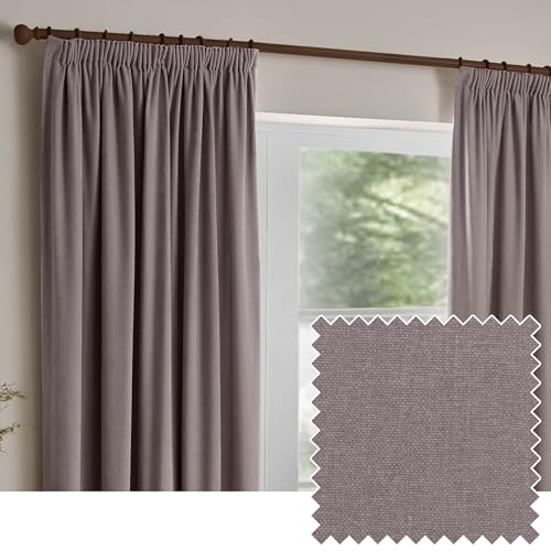 furn. Yard Heavy Chenille Pencil Pleat Curtain Pair – Lined Room Darkening Soft Velvet Curtains (Mauve - Width 229 x Drop 229cm)