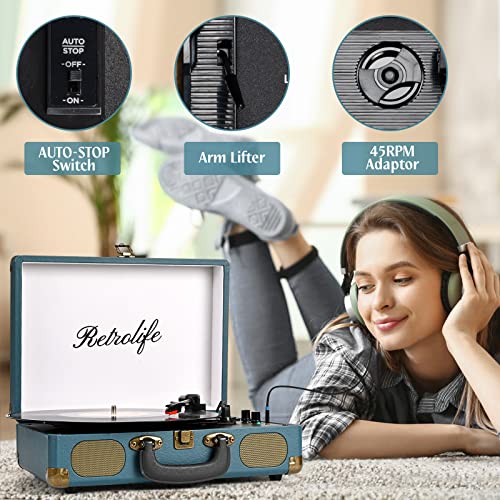 Image of Vinyl Record Player 3-Speed Bluetooth Suitcase Portable Belt-Driven Record Player with Built-in Speakers RCA Line Out AUX in Headphone Jack Vintage Turntable Coral Blue