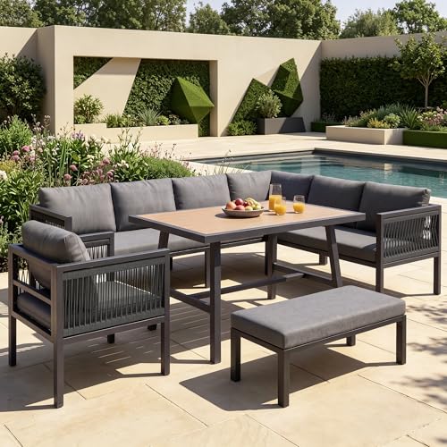 Lekvvied Juego de salón de jardín para 6 personas, juego de muebles de jardín de cuerda con mesa y taburete, juego de sofá esquinero de muebles con asiento y respaldo, balcón salón de exterior, de