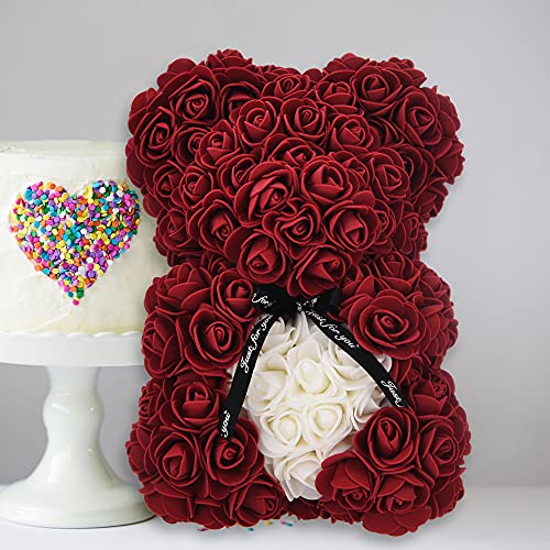 Geschenke für Mama, Geburtstagsgeschenk für Frauen, Valentinstagsgeschenk, Bär, Rose Teddybär in Einer Geschenkbox, vollständig zusammengebaute Geschenkbox, Hochzeit und Jubiläum… (Rotwein)