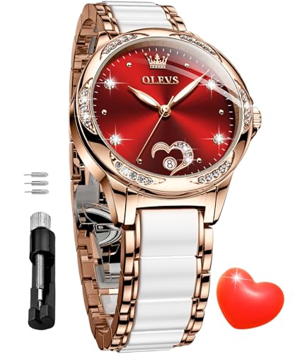 OLEVS Automatic Watch for Women Self Winding Mechanical Ladies Diamond Wrist Watch Luxury Dress Rose Gold Ceramic Watches for Women Love Heart Date