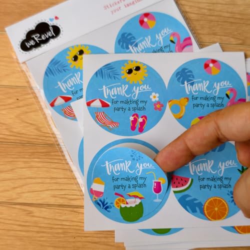 Image of Beach and Swimming Pool Theme Thank You Party Stickers, 40 Count, 2 Inches, Round, 4 Unique Designs, Matt-Finish Paper