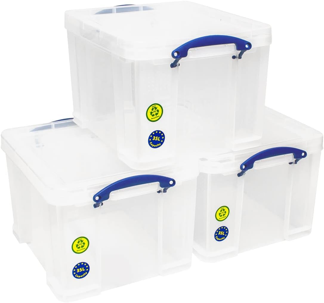 Really Useful Box Plastic Storage 35 Litre CLEAR Pack of 3