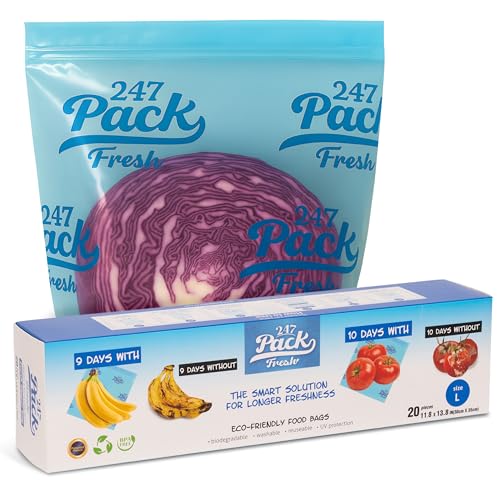 Freshpack 247 Zipper Bag 12×14 inches (1.6 gallon) Size L – Reusable Food Storage & Packaging Bags, Helps Keep Fresh up to 3× Longer – Biodegradable, BPA-Free, UV-Shielded, Washable, SGS Tested