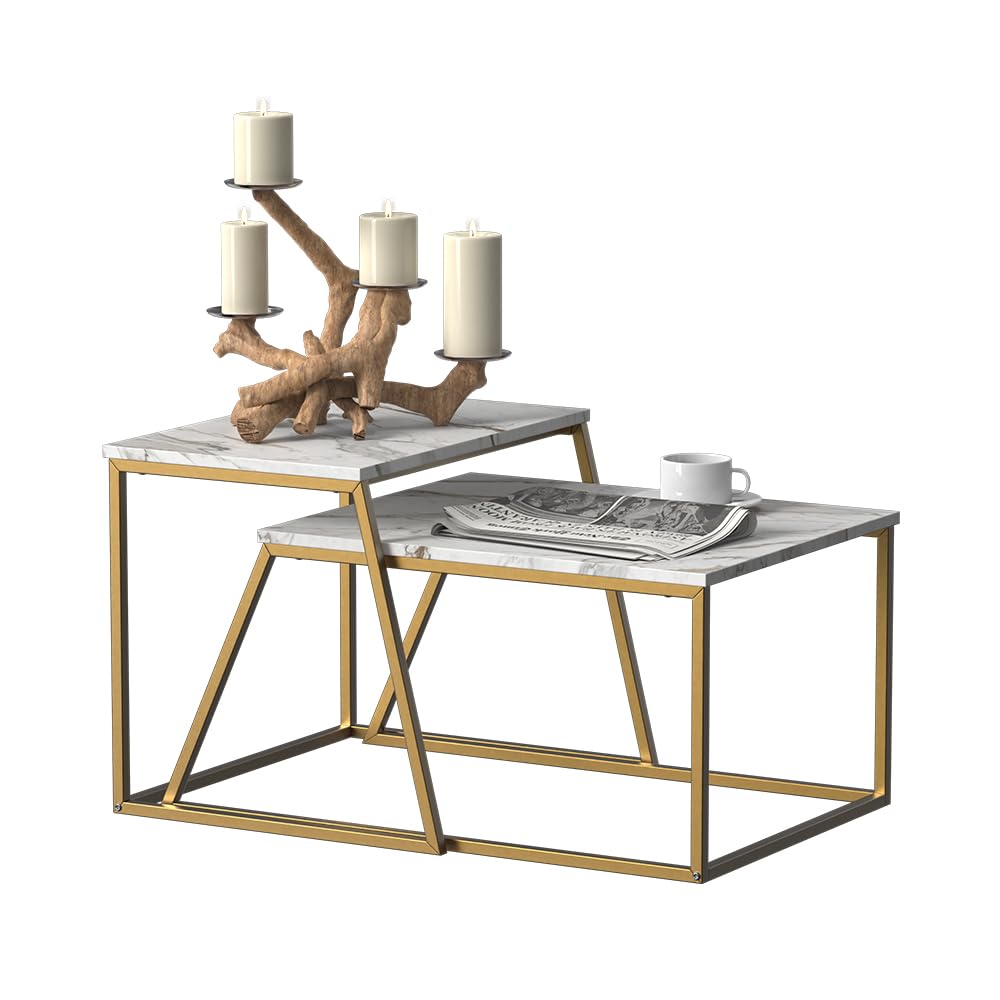 Vicco Couchtisch-Set Myra, Marmor-Weiß/Gold, 60 x 50 cm 2 Teile, zur flexiblen Nutzung als Beistell- oder Ablagetisch