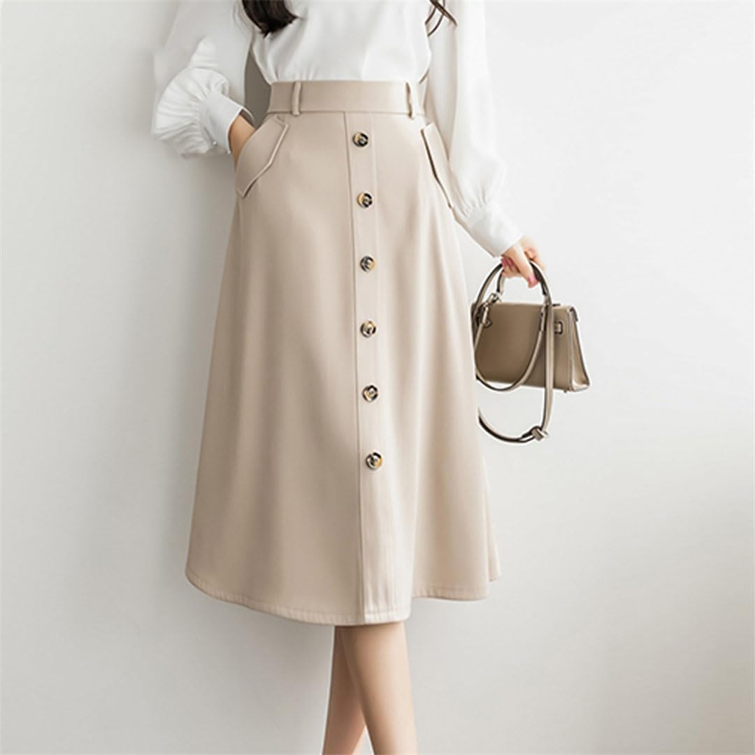 Gonne da Donna A Vita Alta, Monopetto, Midi, con Tasche, Eleganti, da Ufficio, Abbinabili, A Trapezio, Light Khaki Skirts, S