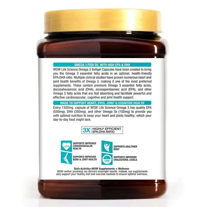 WOW Life Science Omega-3 Fish Oil 1300 mg Triple Strength - 550mg EPA & 350mg DHA for Joints, Heart & Brain Health - Bottle of 180 Capsules 1