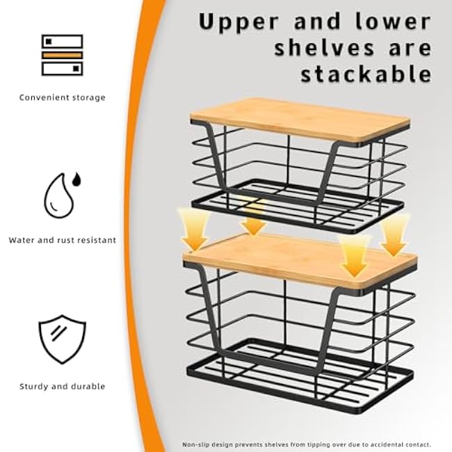 2 Pack Stackable Bamboo Top Trash Bag Holders - Under Sink Organizer for Kitchen & Laundry Room, No Tools Wall Mount Dispenser with FREE 70 Bags (Fits 13G & 33G Bags)
