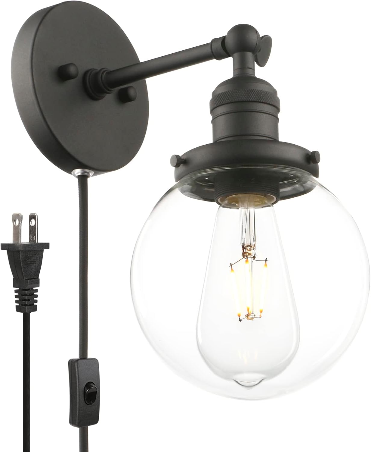 Phansthy Black Sconce with Switch Plug in Sconce Bathroom Vanity Light with 5.9 Incles Globe Glass Canopy (Black, Globe Glass Shade)