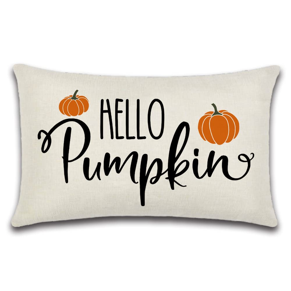 JOTOM 12x20 Inch Fall Throw Pillow Covers Hello Pumpkin Thanksgiving Cushion Covers 30x50cm Autumn Lumbar Decorative Pillow Covers Farmhouse Outdoor Pillowcase for Couch Sofa Bed Decor (Hello Pumpkin)