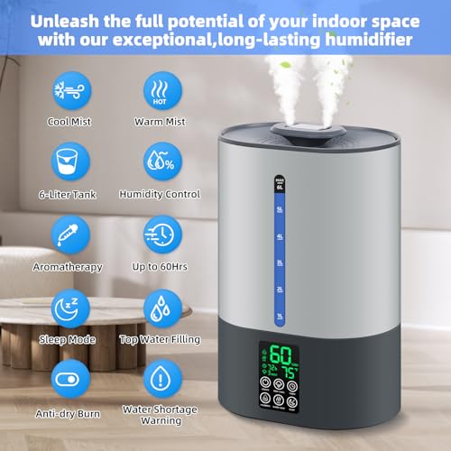 Image of 6L Humidifiers for Bedroom Large Room Home, Cool and Warm Humidifiers for Baby and Plants Mist Top Fill Desk Humidifiers Essential Oil Diffuser, Quiet with Adjustable Mist,360Nozzle-Grey