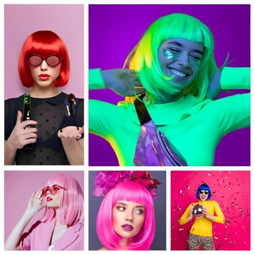 Image of LIULIUBTY Short Bob Hair Wigs Straight with Flat Bangs Synthetic Colorful Cosplay Daily Party Neon Wig for Women + Free Wig Cap 13 inch Natural As Real
