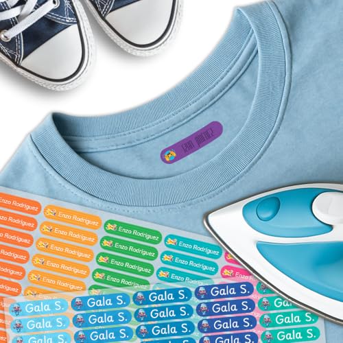 Etiquetas termoadhesivas personalizadas para marcar ropa, pack de 65 unidades de 50x12 mm, ideales para colegio, guardería, uniformes, prendas infantiles - Pegatinas Para la Ropa