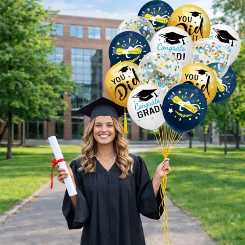 Image of Graduation Decorations 2026 - Graduation Balloons 62pcs 12 Inch Navy Blue Gold White Grad Print Latex Confetti Balloon for College High School Class of 2026 Congrats Grad Party Decor Supplies (Ribbon)