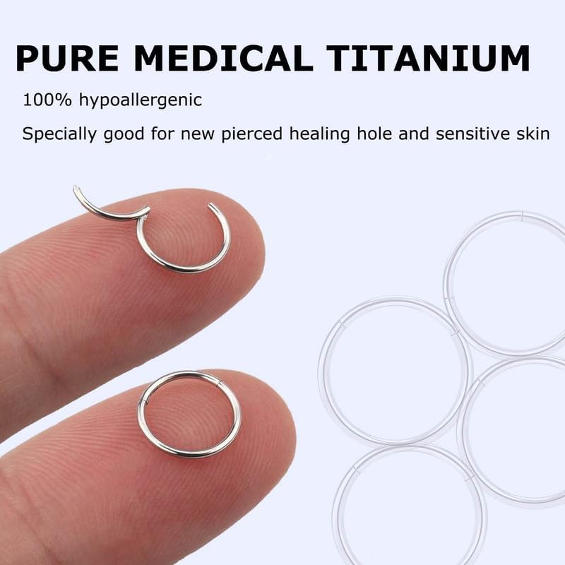 2Pcs Titanium Nose Rings 20G 18G 16G Nose Rings Hoops Septum Clicker Hinged Segment Ring Cartilage Helix Tragus Conch Daith Rook Nostril Hoop Piercing Earring, Diameter 5mm to 12mm Silver-Gold-Rose Gold-Black2