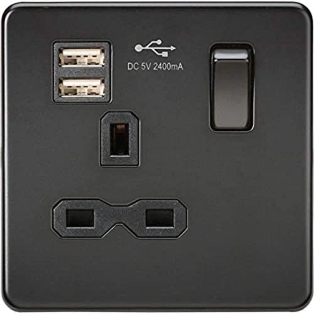 Screwless Single Switched Socket with Dual USB Charger in Matt Black