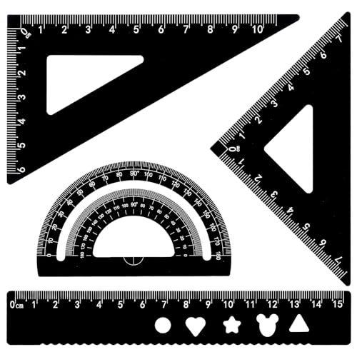 Mabor Juego de 4 Reglas de Metal de Aleación de Aluminio Negro: Triangular, Borde Recto y Geométrica para Dibujar